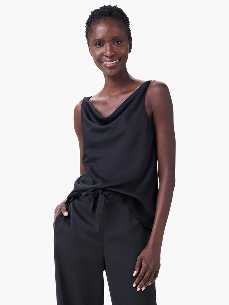 Black sleeveless tank top with a flowing cowl neck.