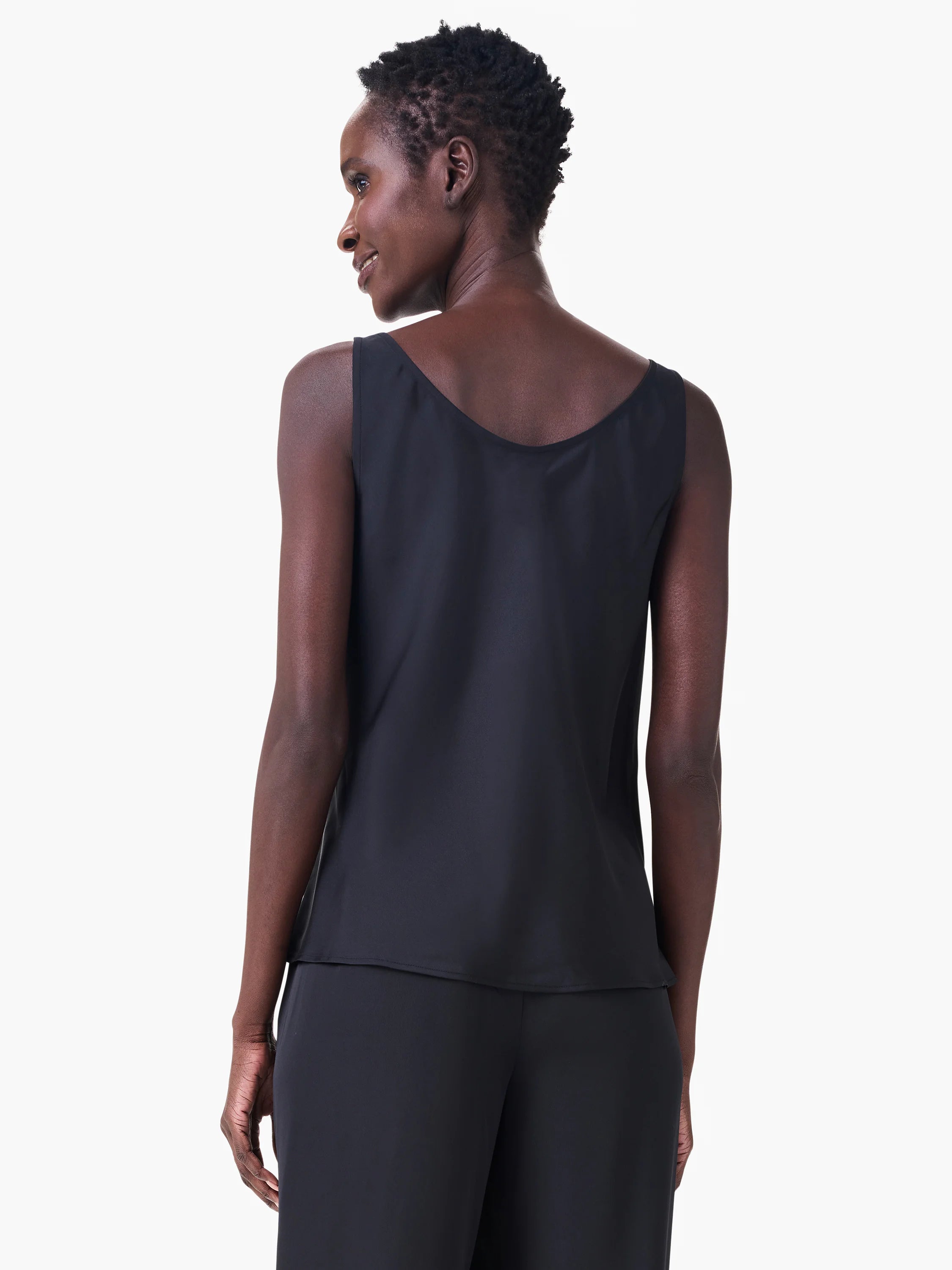 Black sleeveless crepe tank top, viewed from the back, featuring a scoop neckline.