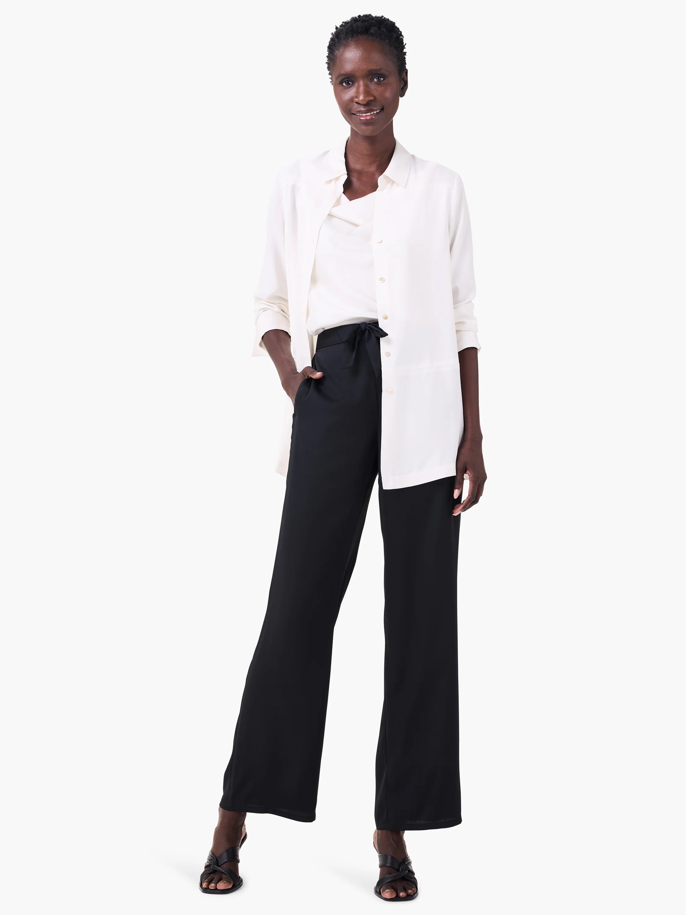 Off-white long-sleeve crepe mix shirt, collared, button-front, and relaxed fit.