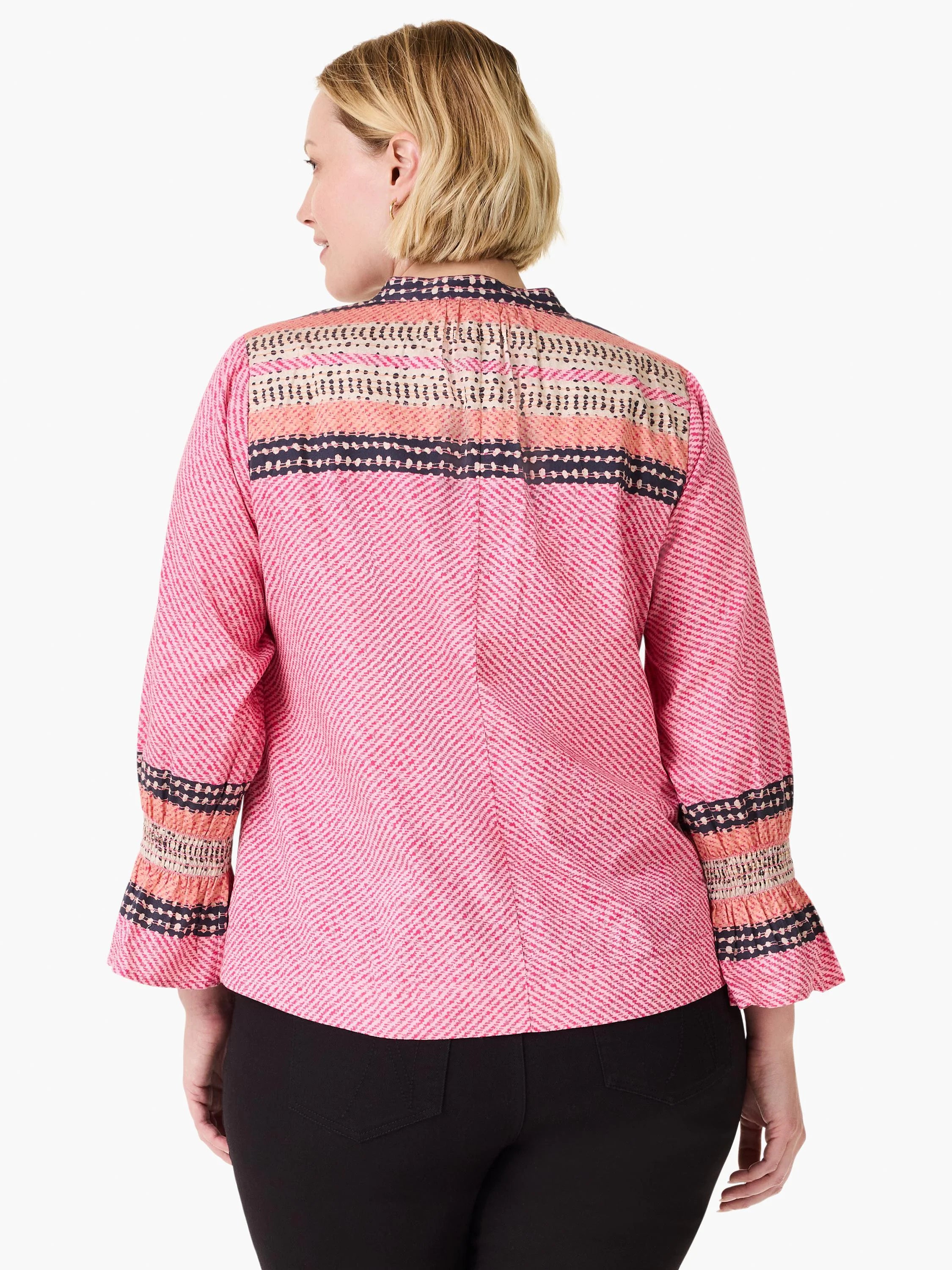 Pink top with diagonal texture. Upper back & smocked cuffs have horizontal stripes: beige, peach, navy, pink, with dots.