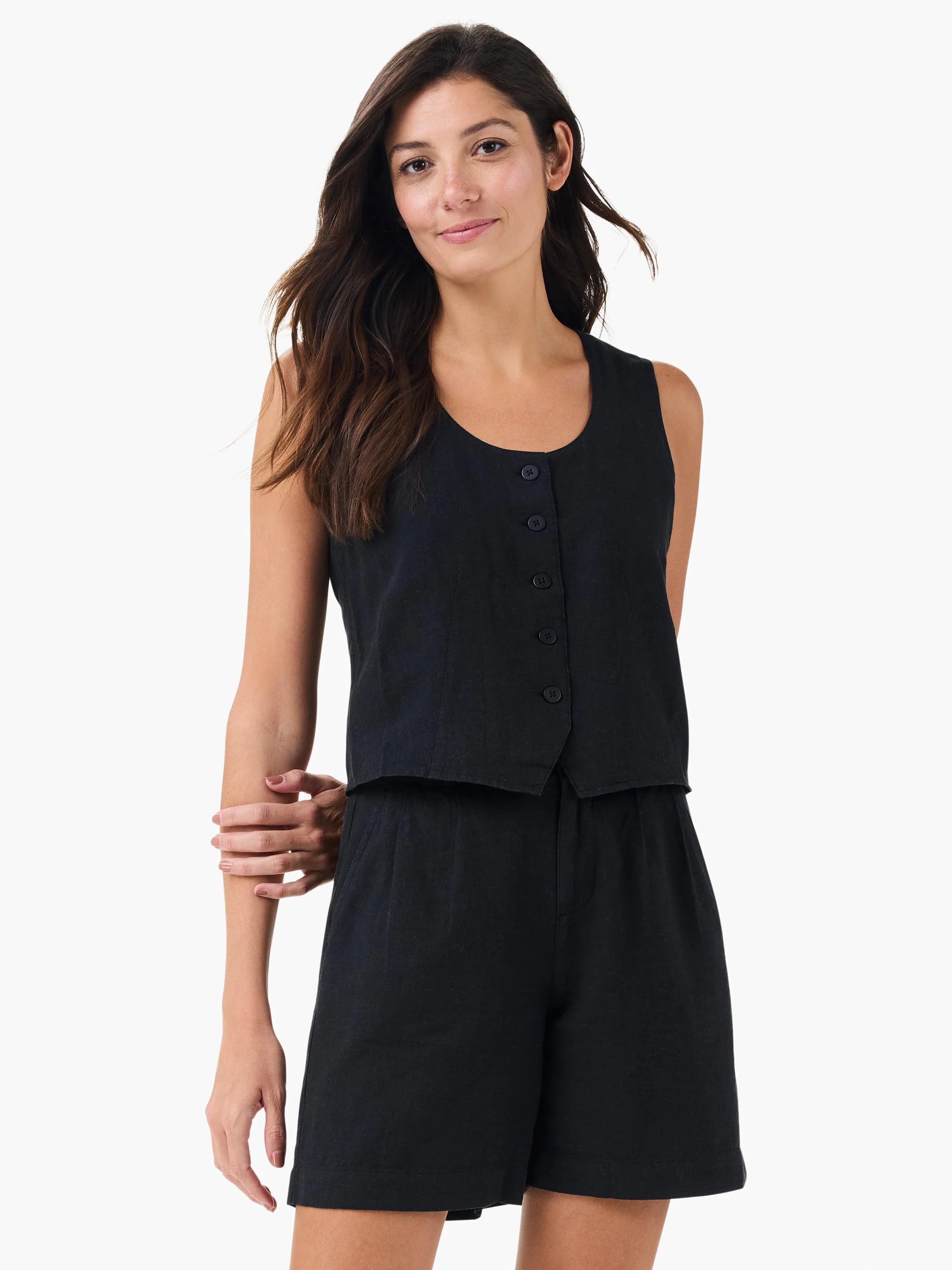 Black linen vest, button front, sleeveless. Model also wears black shorts.