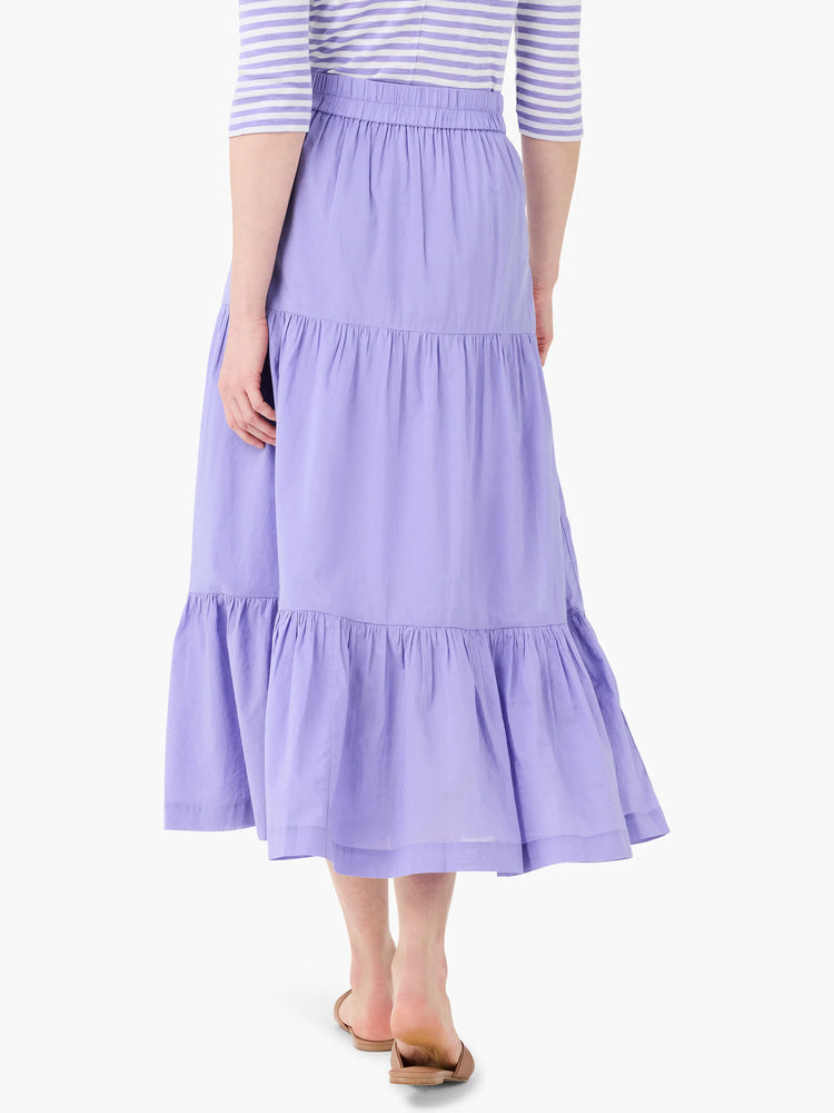 Lilac cotton tiered midi skirt with an elastic waistband. Three tiers.