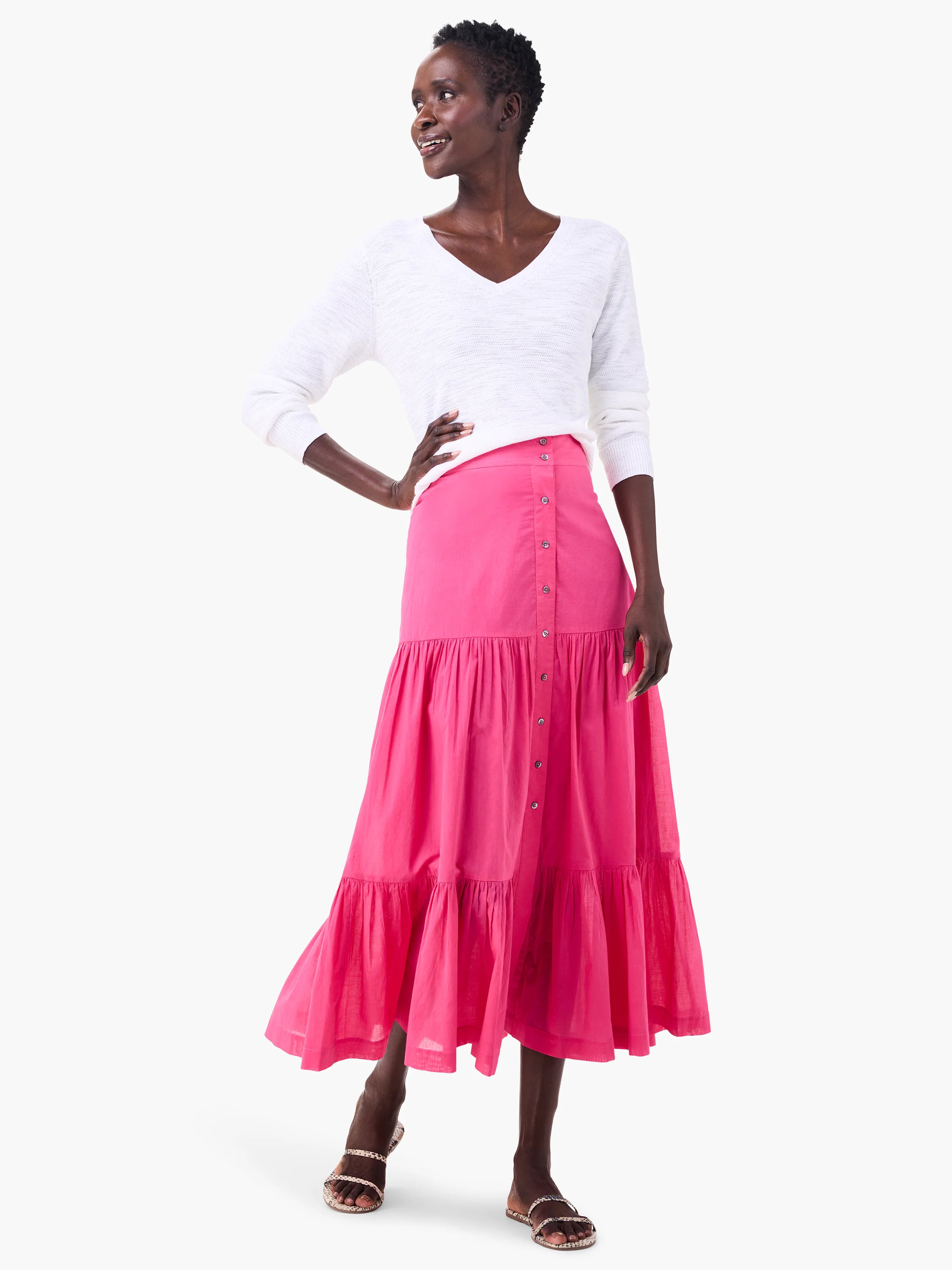 Hot pink tiered cotton maxi skirt with button front.