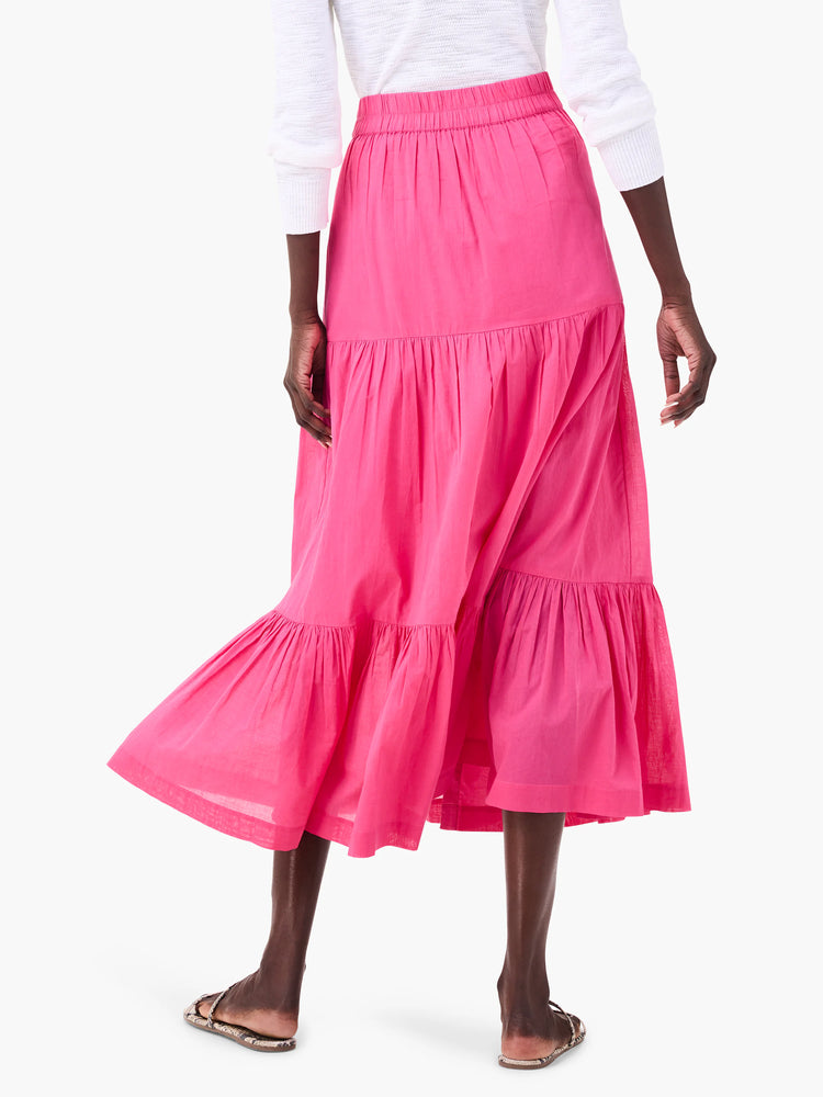 Pink cotton tiered midi skirt; multiple ruffles. Elastic waistband.