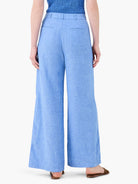 Here's alt text for the image, under 125 characters:
"Light blue linen wide-leg trousers, seen from the back.  Elastic...