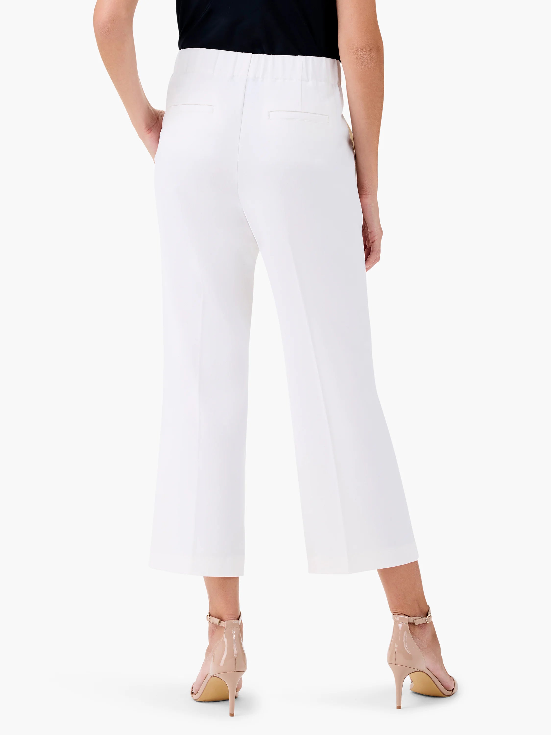 Here's alt text for the image, under 125 characters:
White wide-leg cropped trousers, seen from the back. Elastic...