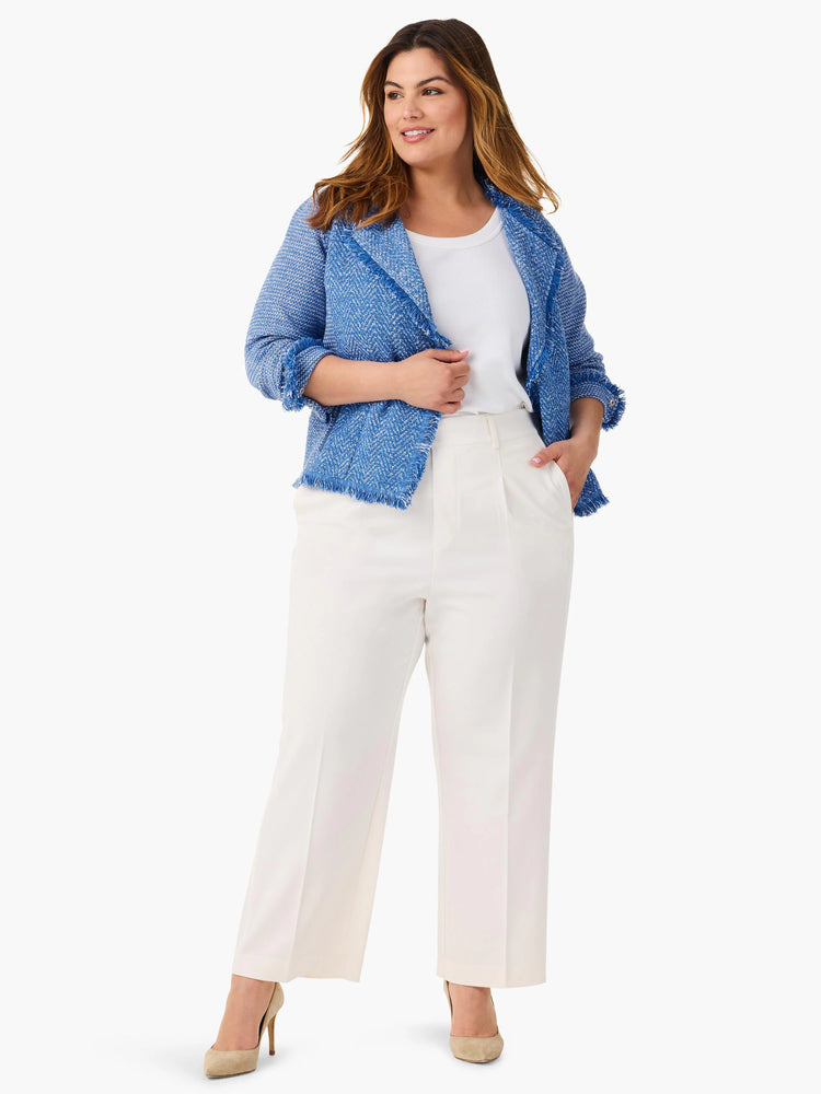 Off-white wide-leg cropped trousers.