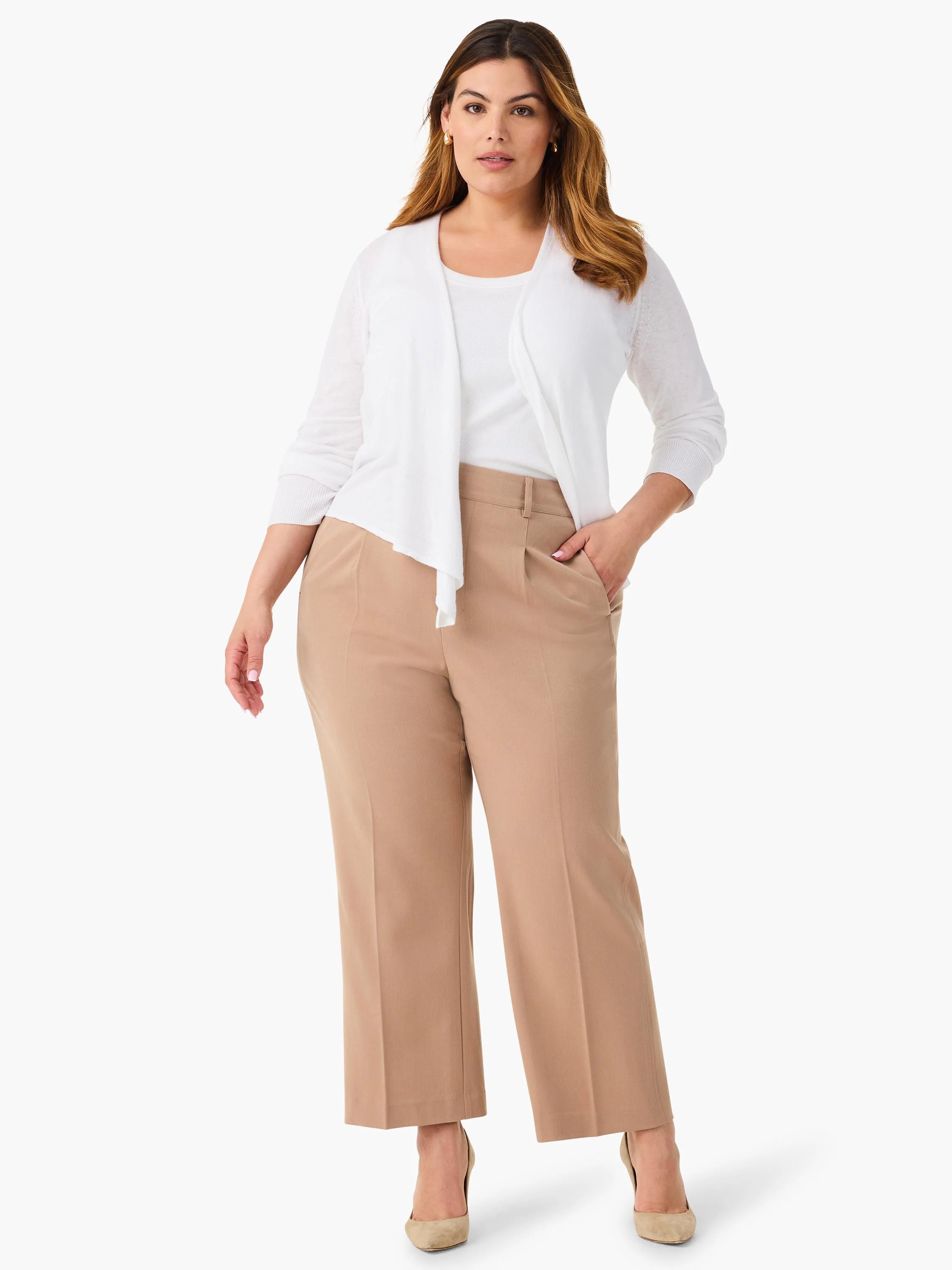 Beige wide-leg cropped trousers. Model wears off-white cardigan & top.