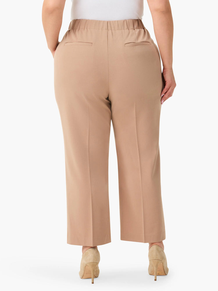 Here's alt text for the image, keeping it concise and focusing on visual details:
"Beige wide-leg cropped trousers, rear...