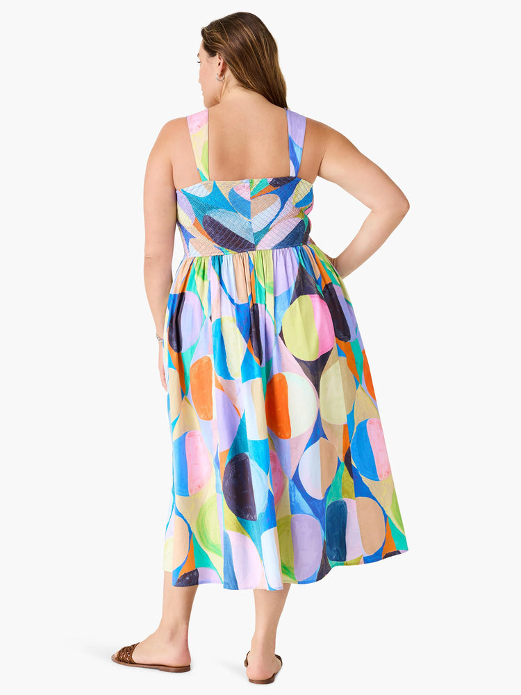 Midi dress, blue, pink, orange, green, and purple abstract print. Square neckline, sleeveless.