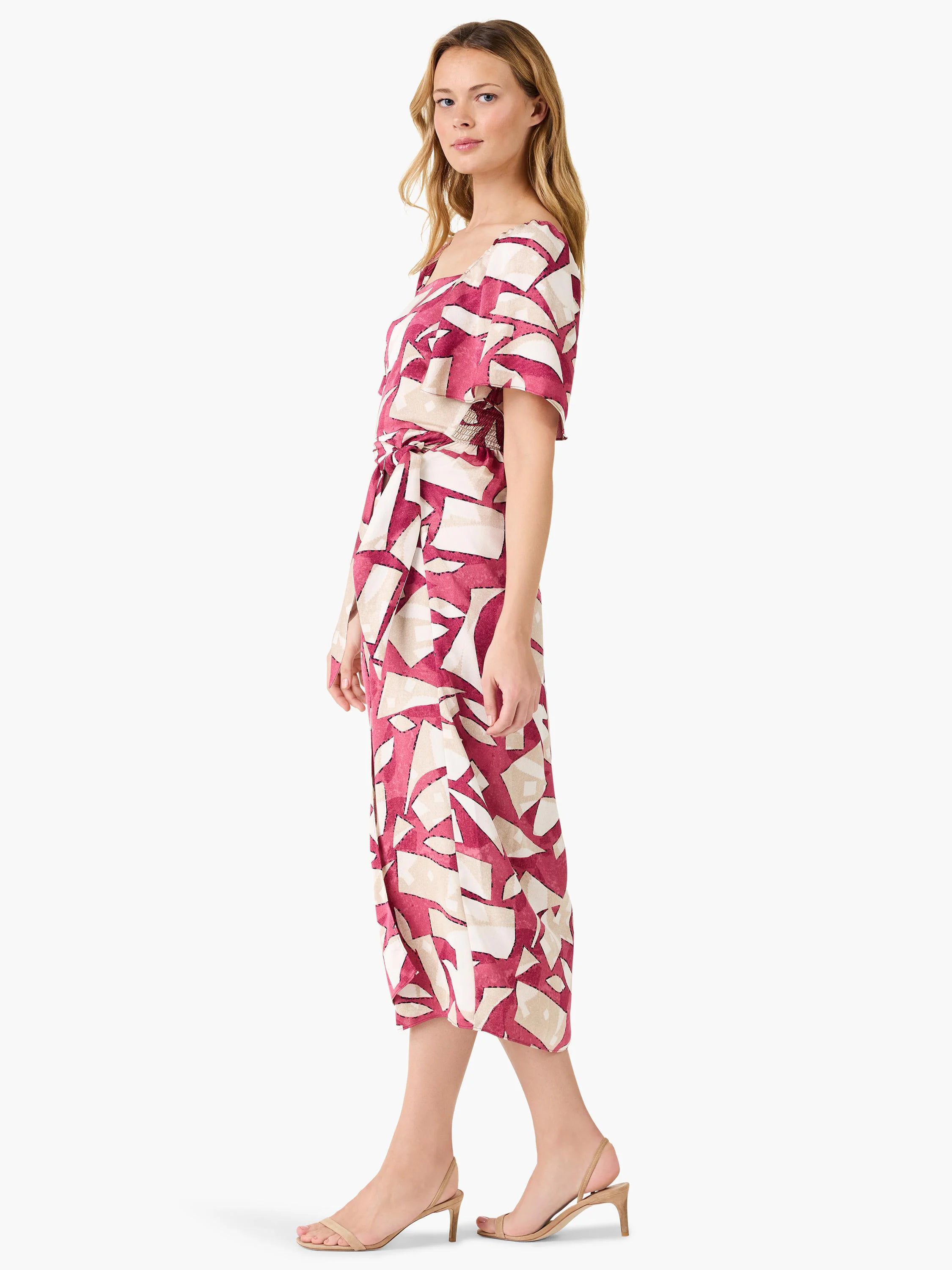 Midi dress, pink and beige abstract print, short sleeves, belted waist.