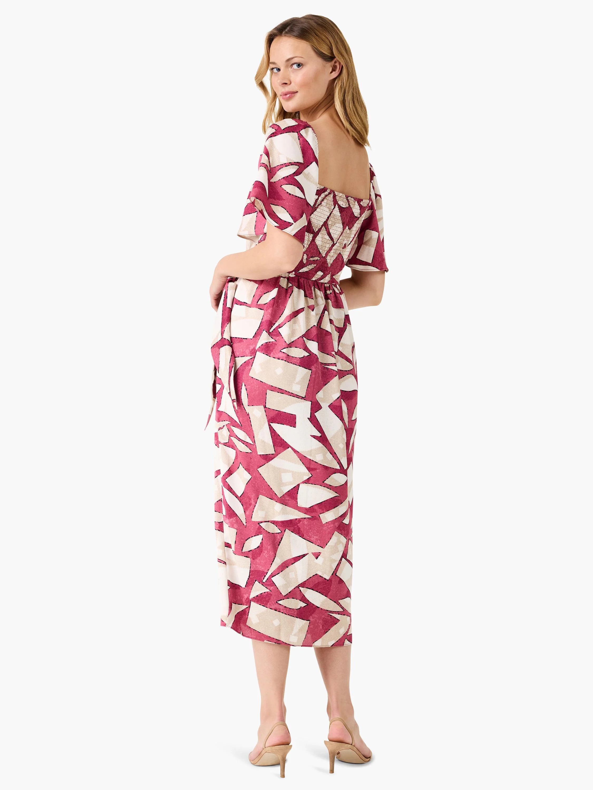 Midi dress, burgundy and beige geometric print, square neckline, short flutter sleeves, belted waist.