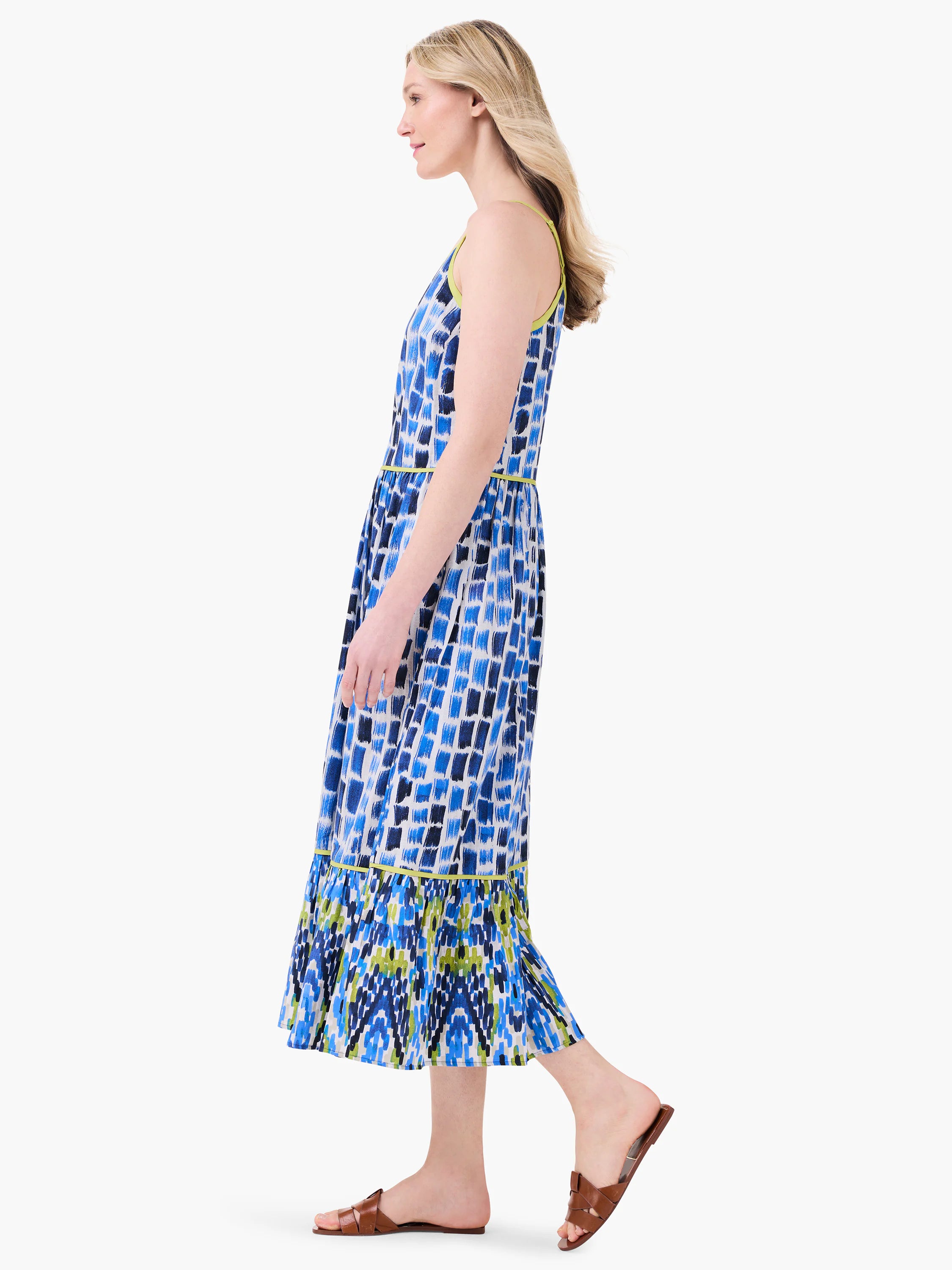 Midi dress, blue, white, & green brushstrokes. Lime green straps & hem.