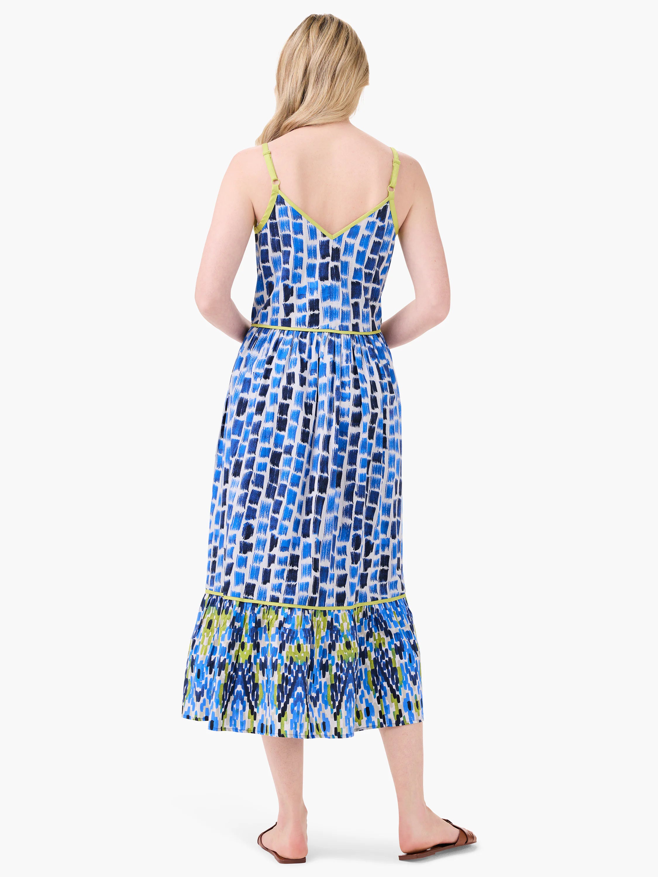 Blue, white, and lime green patterned midi dress with thin straps. A tiered, ruffled hemline.