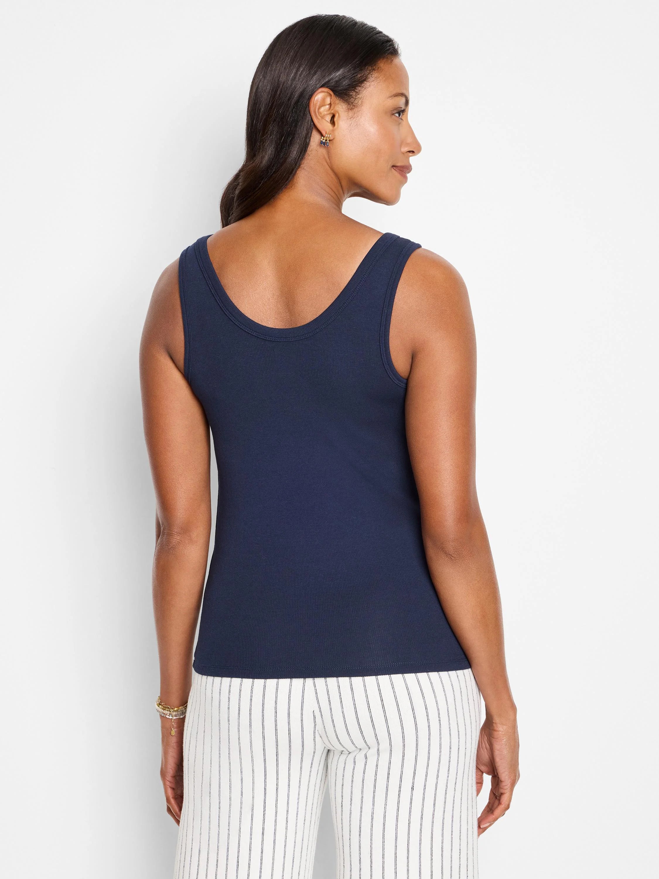 Navy blue ribbed sleeveless top, shown from the back.