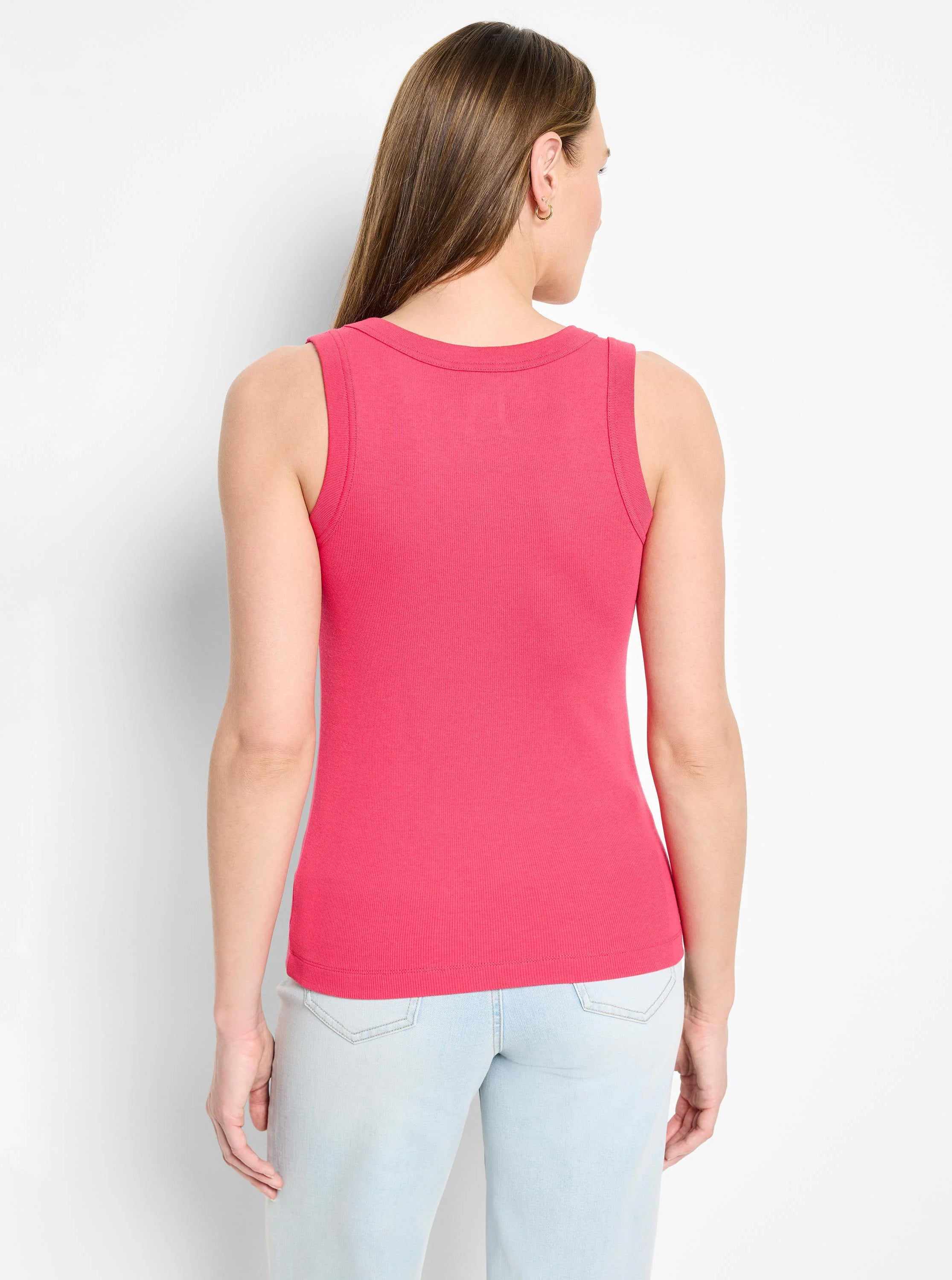 Fitted, ribbed pink scoop neck tank top, seen from the back on a model.