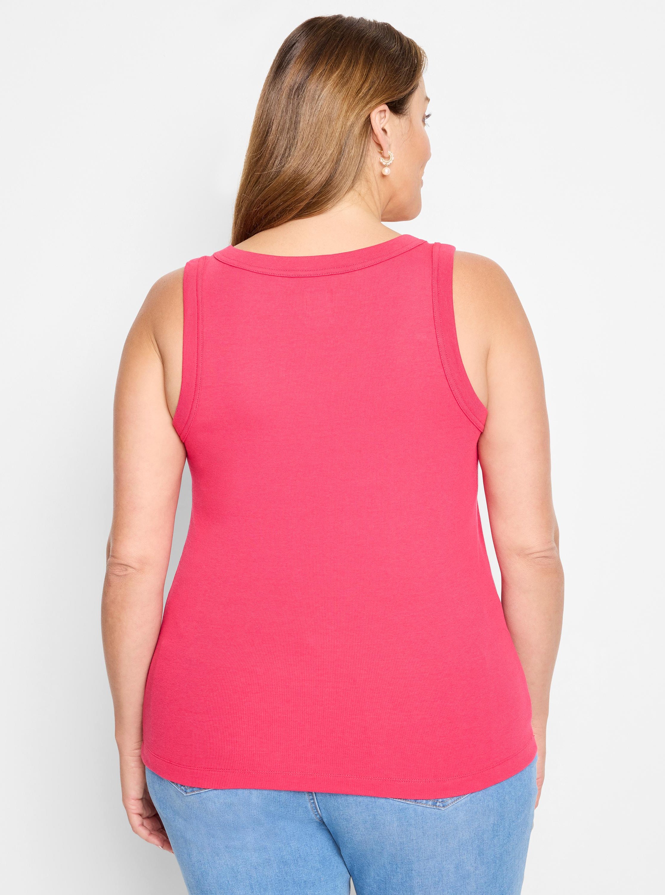 Fitted sleeveless pink ribbed knit top featuring a crew neck and wide shoulder straps.