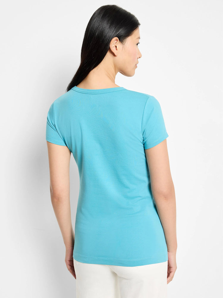 Aqua blue knit crew neck t-shirt with short sleeves, shown from the back.