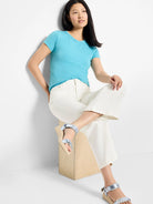 Sky blue, short-sleeve crew neck t-shirt.