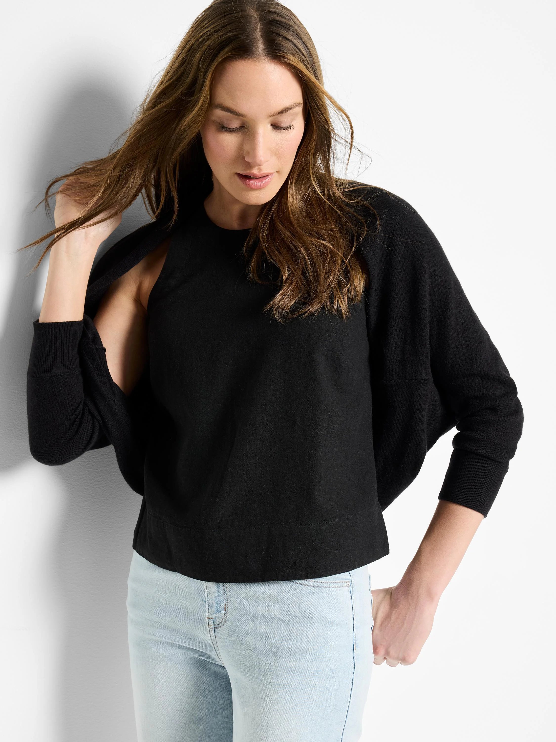 Black cotton cashmere shrug, 3/4 sleeves, open front.