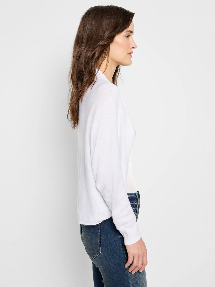 White cotton cashmere shrug cardigan. Open front, three-quarter sleeves.