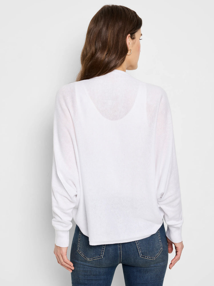 White cotton cashmere shrug cardigan, long sleeves, boxy fit. Shown from the back.