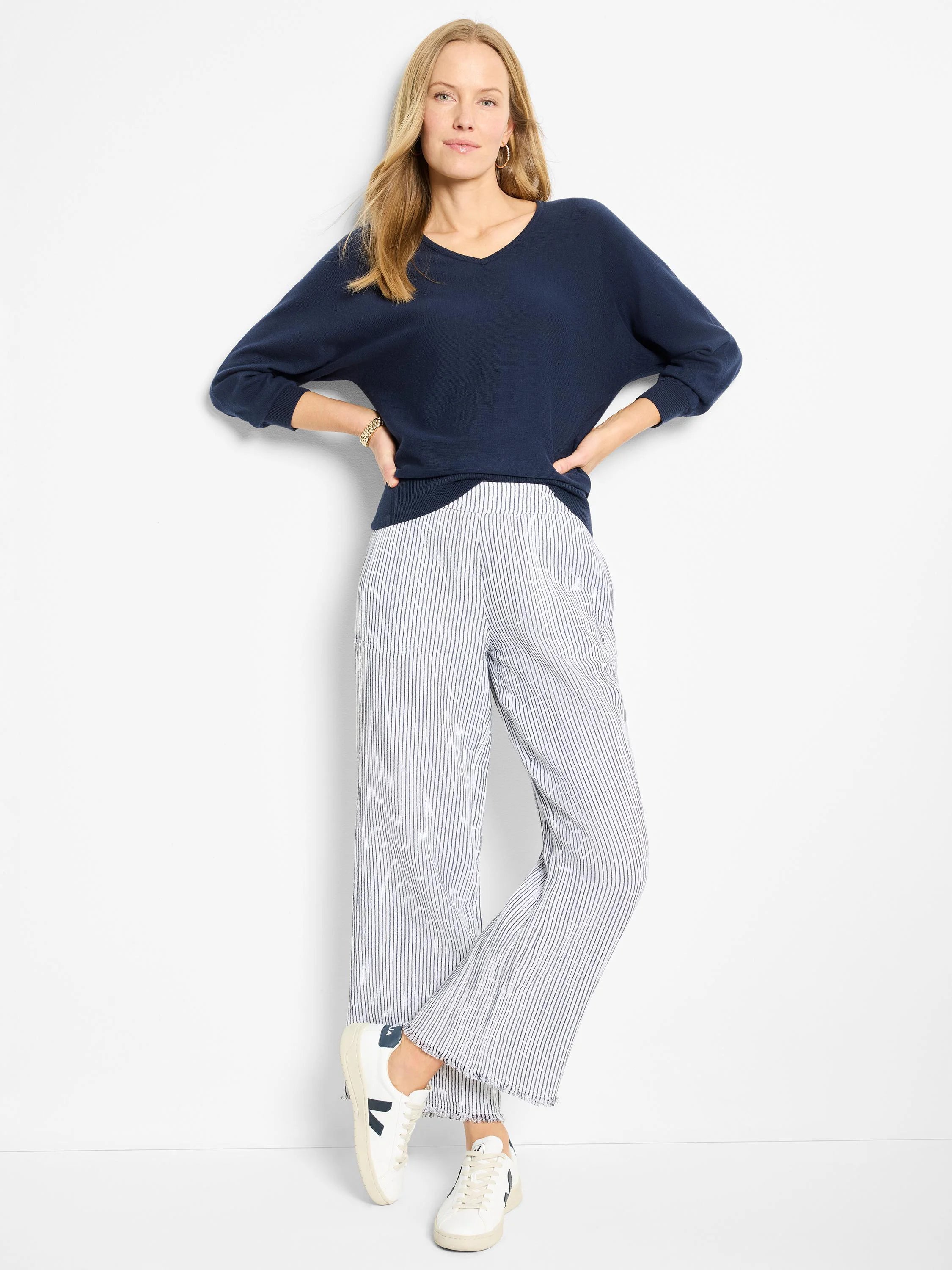 Navy blue, V-neck, 3/4 sleeves, cotton sweater.