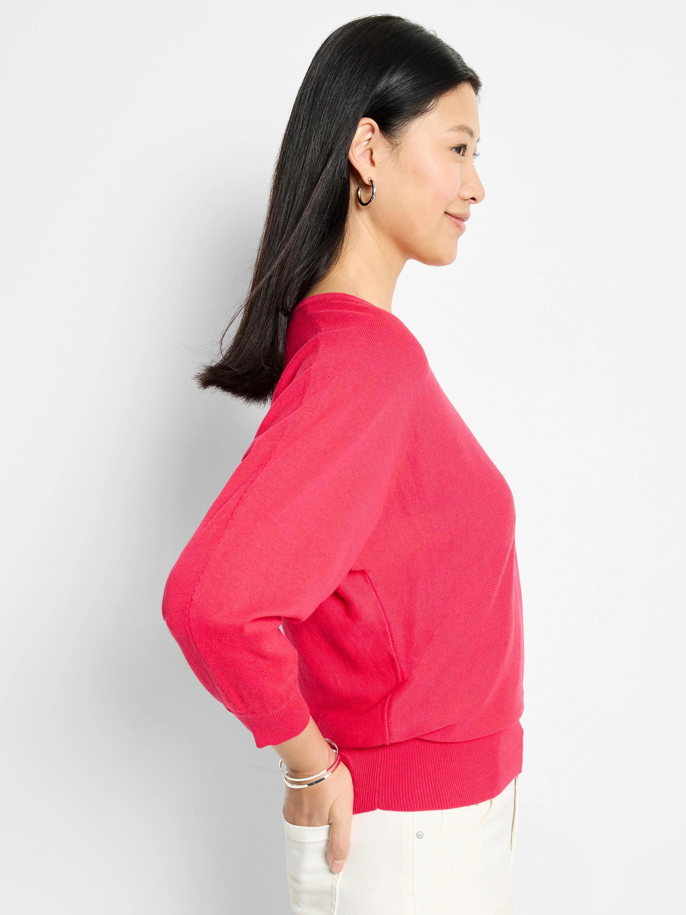 Pink, V-neck, 3/4 sleeves, cotton knit sweater.