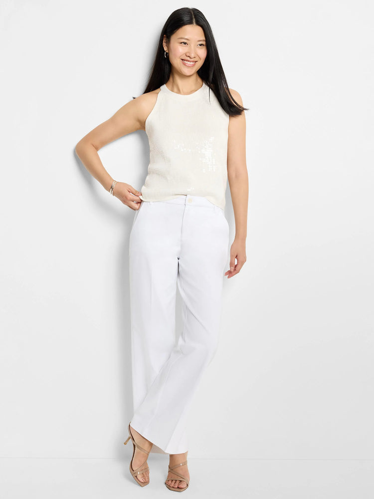 Off-white sleeveless sequined sweater tank; sequins concentrated in lower half.