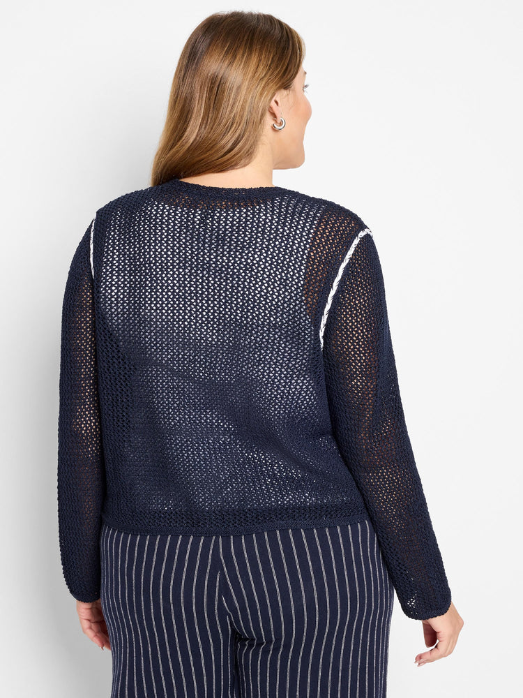 Navy blue mesh cardigan with white trim. Open knit. Long sleeves.