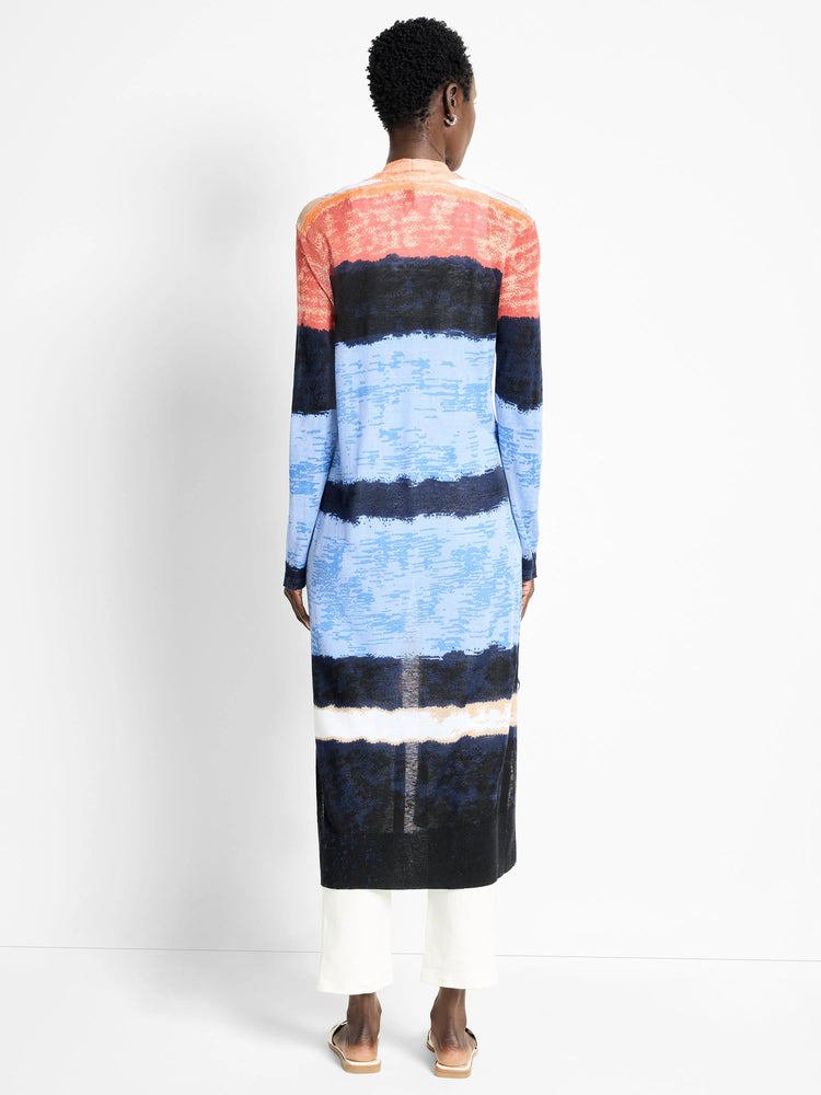 Long, open cardigan; horizontal stripes in coral, light blue, dark blue, and black. Textured knit.
