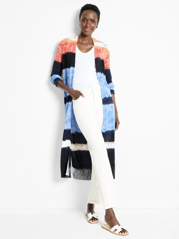 Long, open-front cardigan with horizontal stripes in shades of blue, coral, black, and beige.