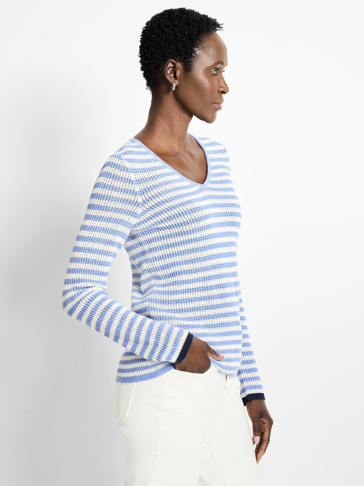 Light blue and white horizontal striped, long-sleeved v-neck sweater. Mesh knit. Navy blue cuffs.