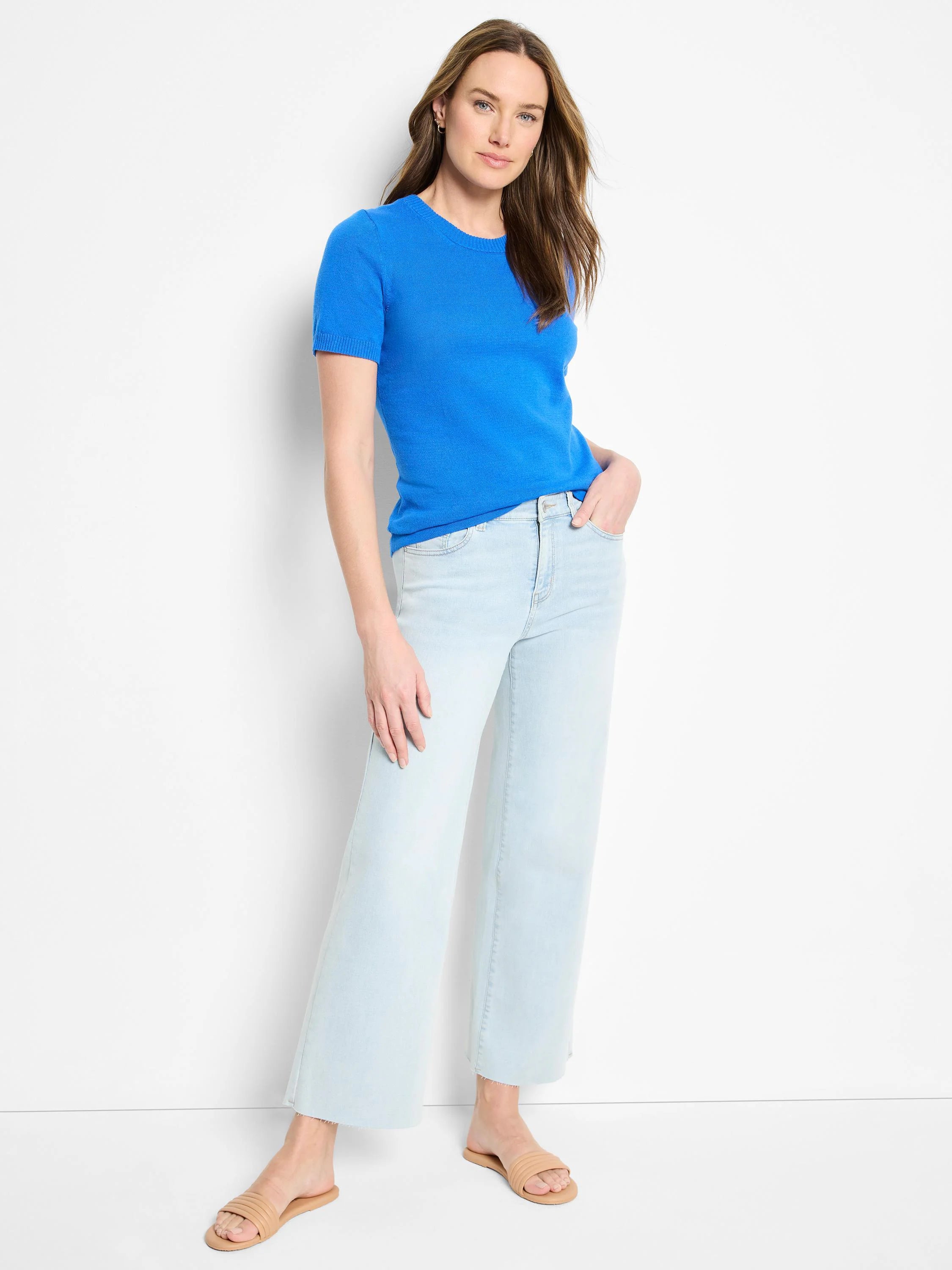 Bright blue, short-sleeved scoop-neck cotton sweater tee.