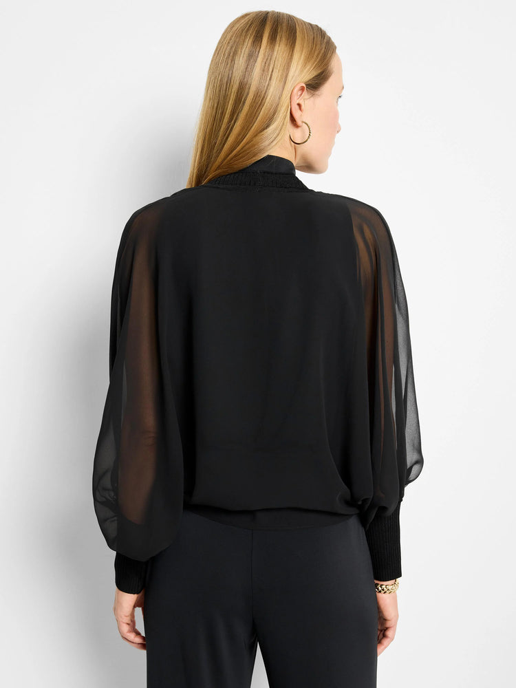 Black sheer chiffon cardigan with balloon sleeves and ribbed knit cuffs. Back view.