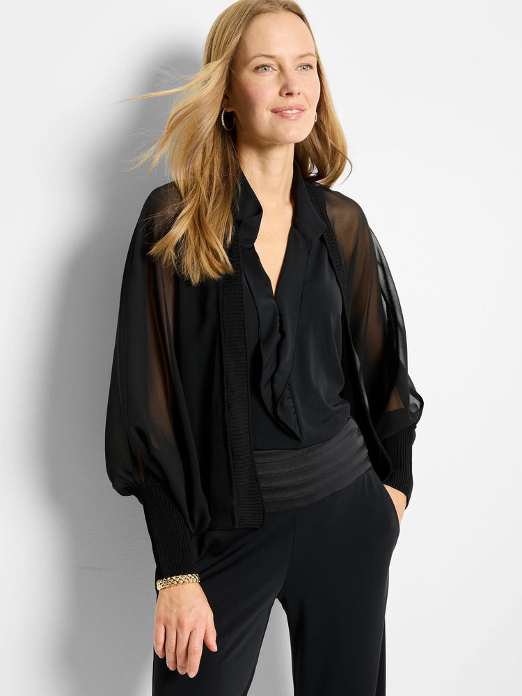 Black chiffon cardigan; sheer sleeves, ribbed cuffs, V-neck. Solid black underlayer.