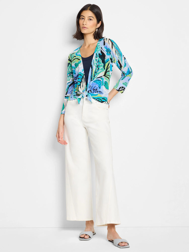 Teal, blue, green, and black abstract print 4-way cardigan, tied at waist. Three-quarter sleeves.