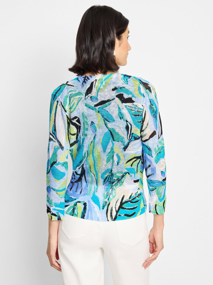Blue, green, and beige abstract leaf pattern on a 3/4 sleeve cardigan. Back view.