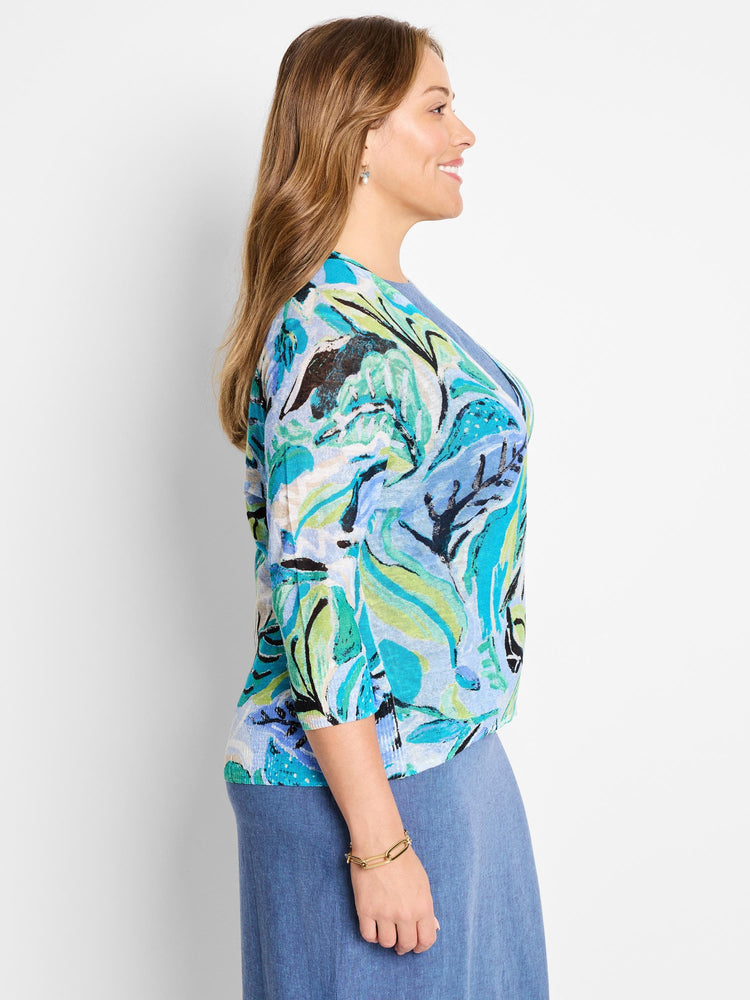 4-way cardigan, teal, blue, green, and cream abstract print. Three-quarter sleeves.