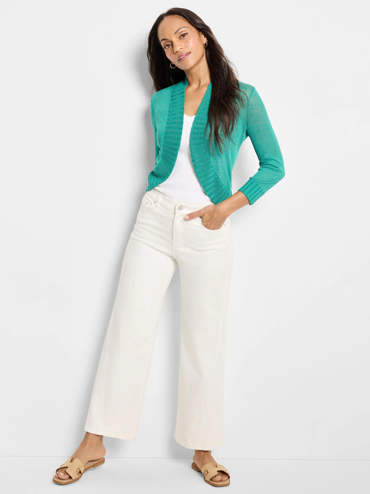 Teal green open-front bolero cardigan with long sleeves, cropped length, and a fine, sheer knit.