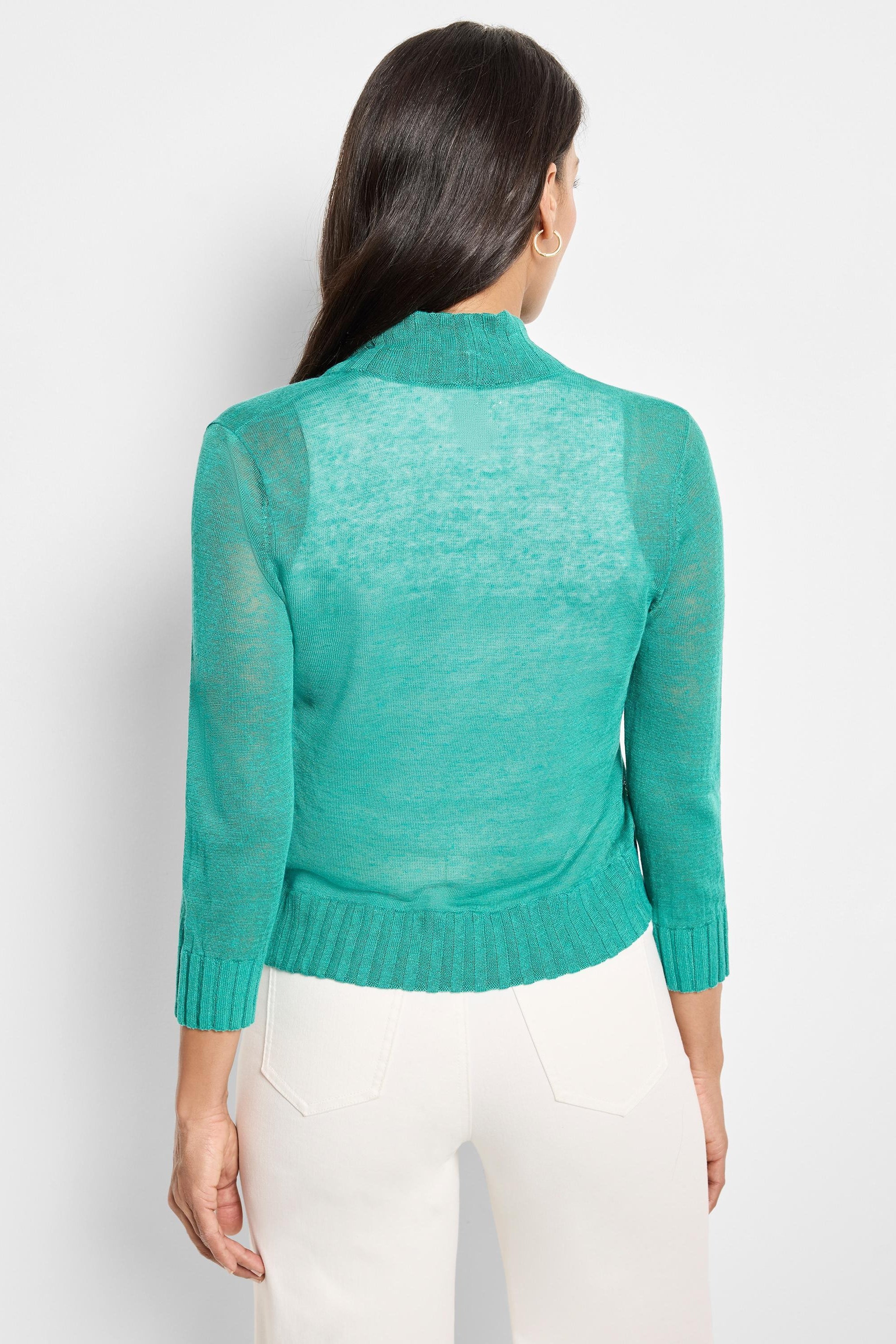 Teal bolero cardigan, sheer knit, 3/4 sleeves, ribbed mock neck, cuffs, and hem.