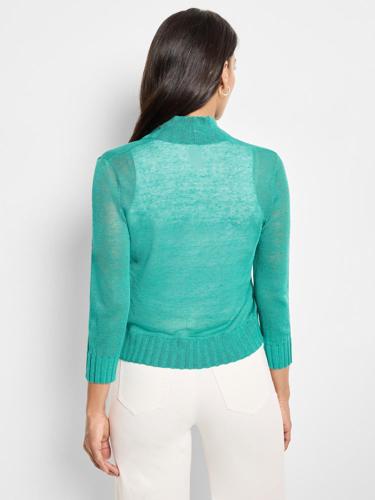 Teal bolero cardigan, sheer knit, 3/4 sleeves, ribbed mock neck, cuffs, and hem.