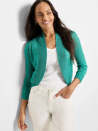 Teal bolero cardigan, open-front, 3/4 sleeves, with ribbed edges and cuffs.