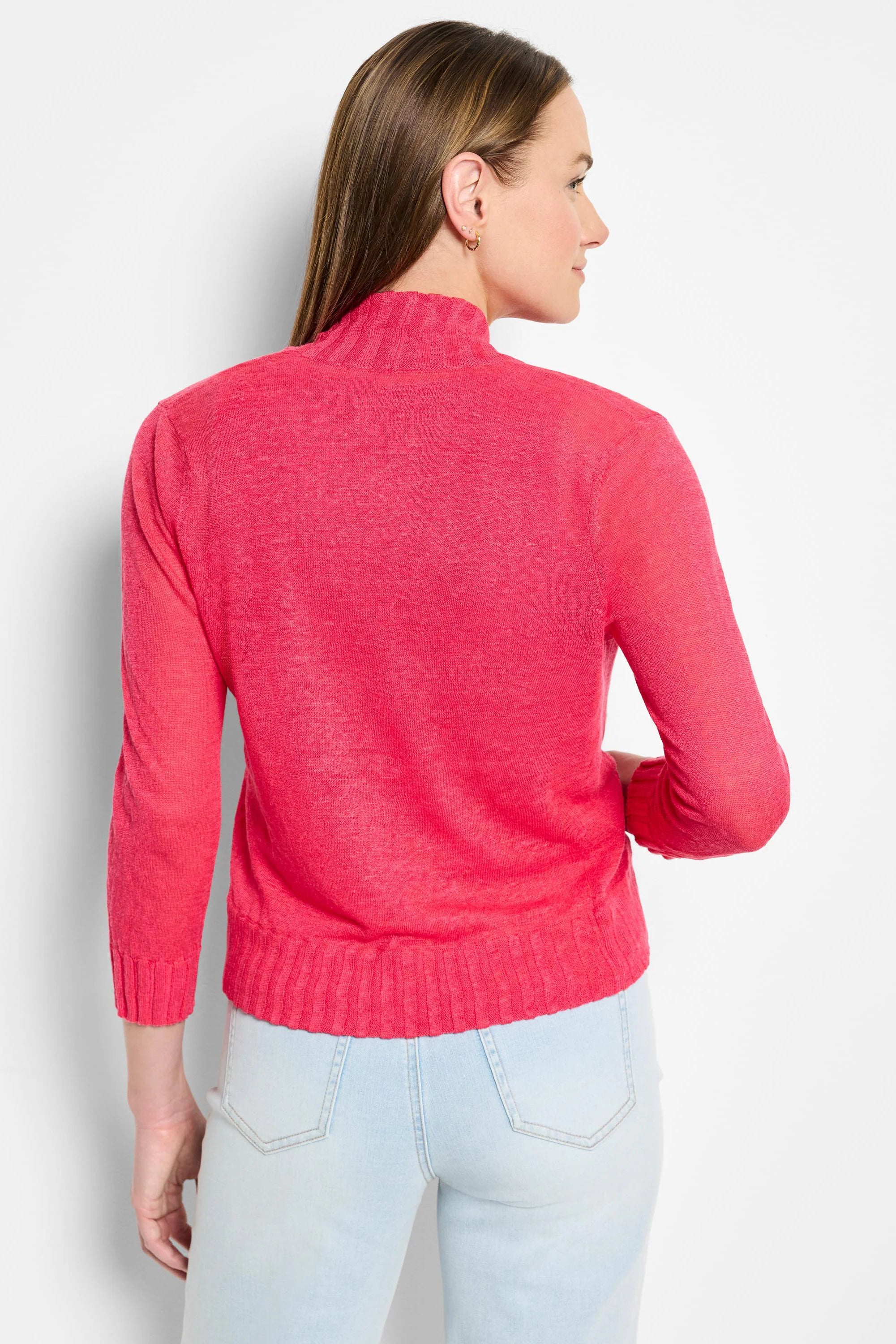 Bright pink, lightweight knit bolero top with mock neck, 3/4 sleeves, ribbed trim, shown from back.