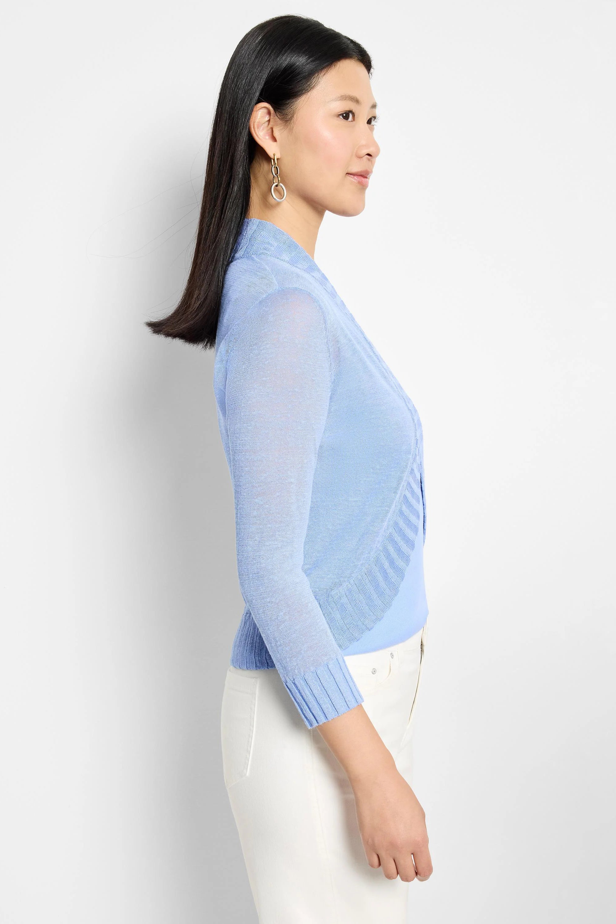 Light blue fine knit bolero with long, semi-sheer sleeves, ribbed cuffs, and an open, draped front.