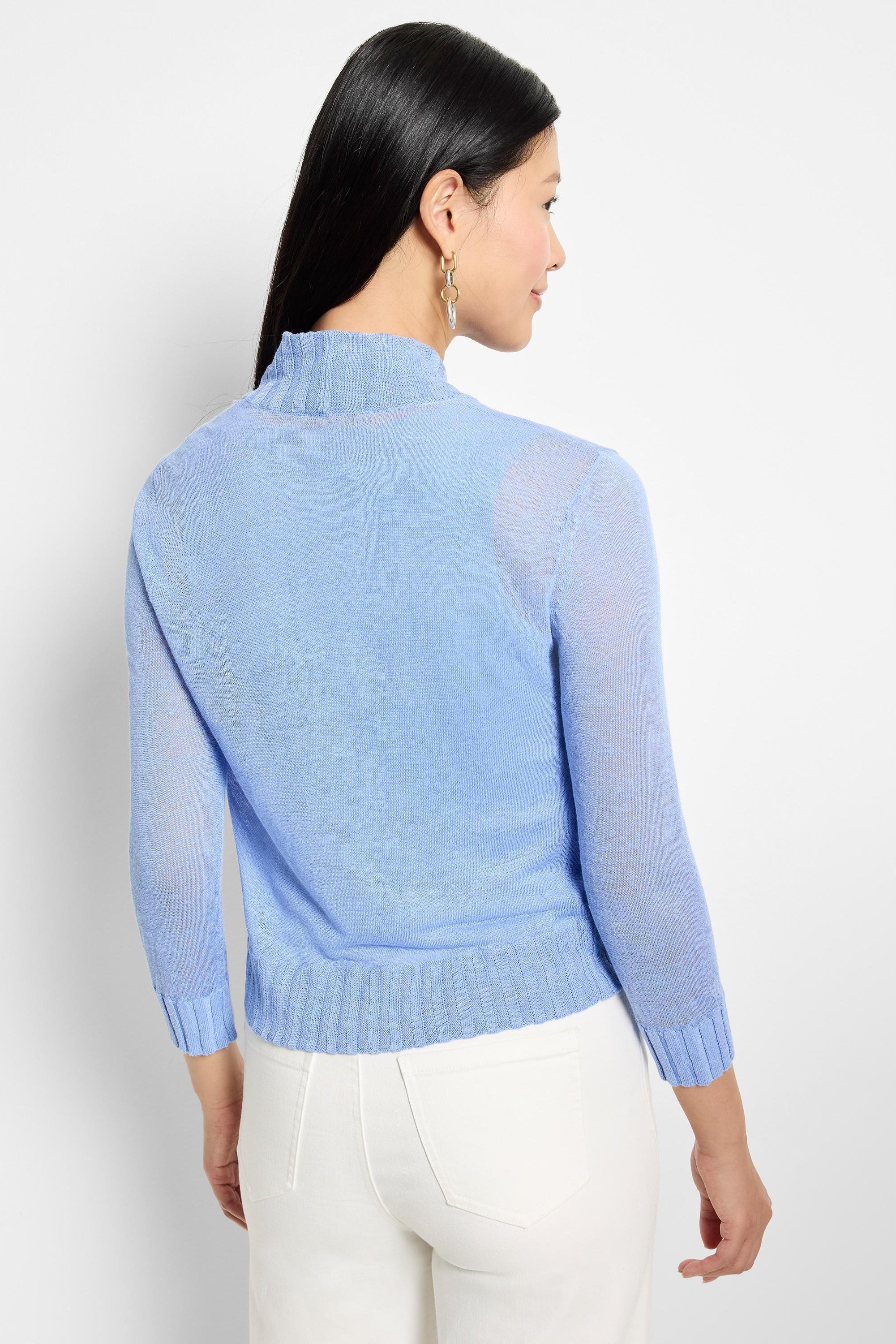 Light blue sheer knit bolero cardigan with mock neck, 3/4 sleeves, and ribbed cuffs & hem.