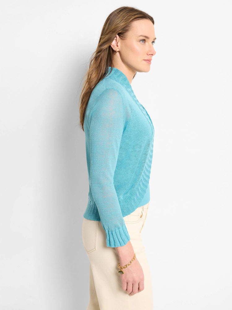 Aqua blue bolero cardigan, sheer knit, long sleeves with ribbed cuffs, open front design.
