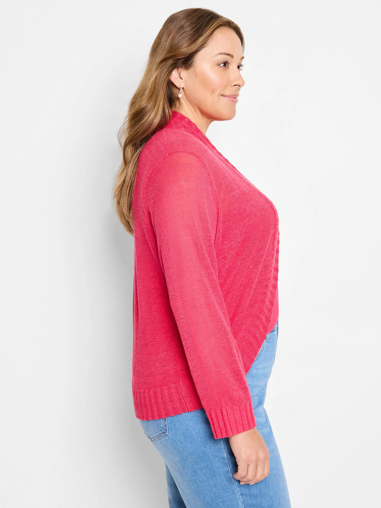Bright pink open-front bolero cardigan with long sleeves, lightweight knit, and ribbed cuffs and hem.
