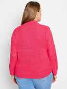 Raspberry knit bolero cardigan with long sleeves, ribbed mock neck, cuffs, and hem. Back view.
