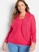 Fuchsia bolero cardigan, cropped, open front, lightweight knit with ribbed trim.